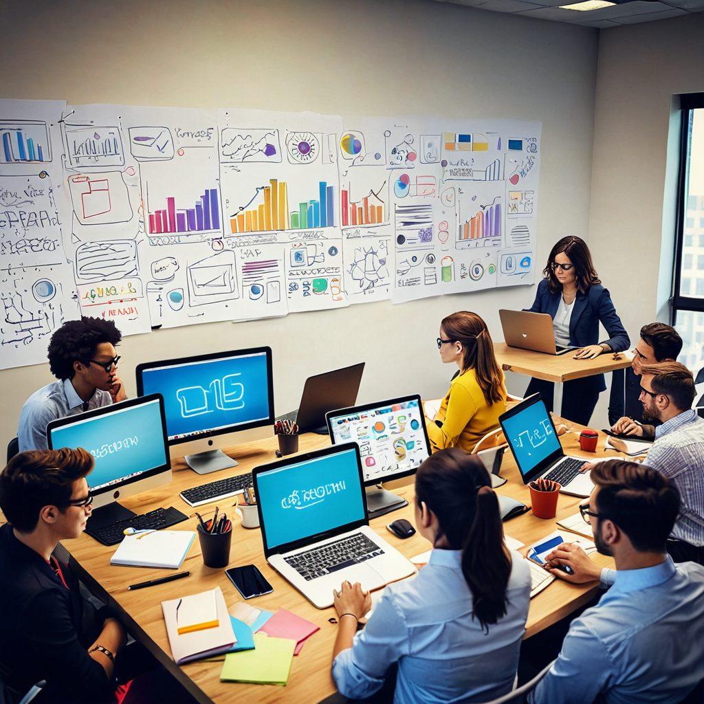 A dynamic scene showing a diverse group of bloggers passionately creating content at their desks, surrounded by digital devices and colorful notes. An upward graph representing profit growth is subtly integrated in the background. The atmosphere is vibrant and inspirational, showcasing creativity and collaboration. super-realistic. bright colors. digital art.