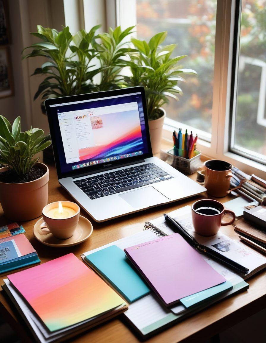 An artistically designed workspace featuring a laptop with a vibrant blog on the screen, surrounded by colorful stationery, coffee cups, and inspirational quotes on sticky notes. Sunlight streaming in through a window, illuminating a creative atmosphere. Include elements symbolizing growth, like a small plant and books about blogging. super-realistic. vibrant colors. cozy setting.