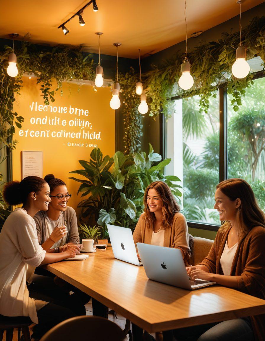 A vibrant digital café scene where diverse individuals are engaging in conversation over laptops and coffee, with speech bubbles filled with quotes about connection and creativity. Warm lighting, plants in the background, and blog posts displayed on screens add to the inviting atmosphere. super-realistic. warm colors. cozy setting.